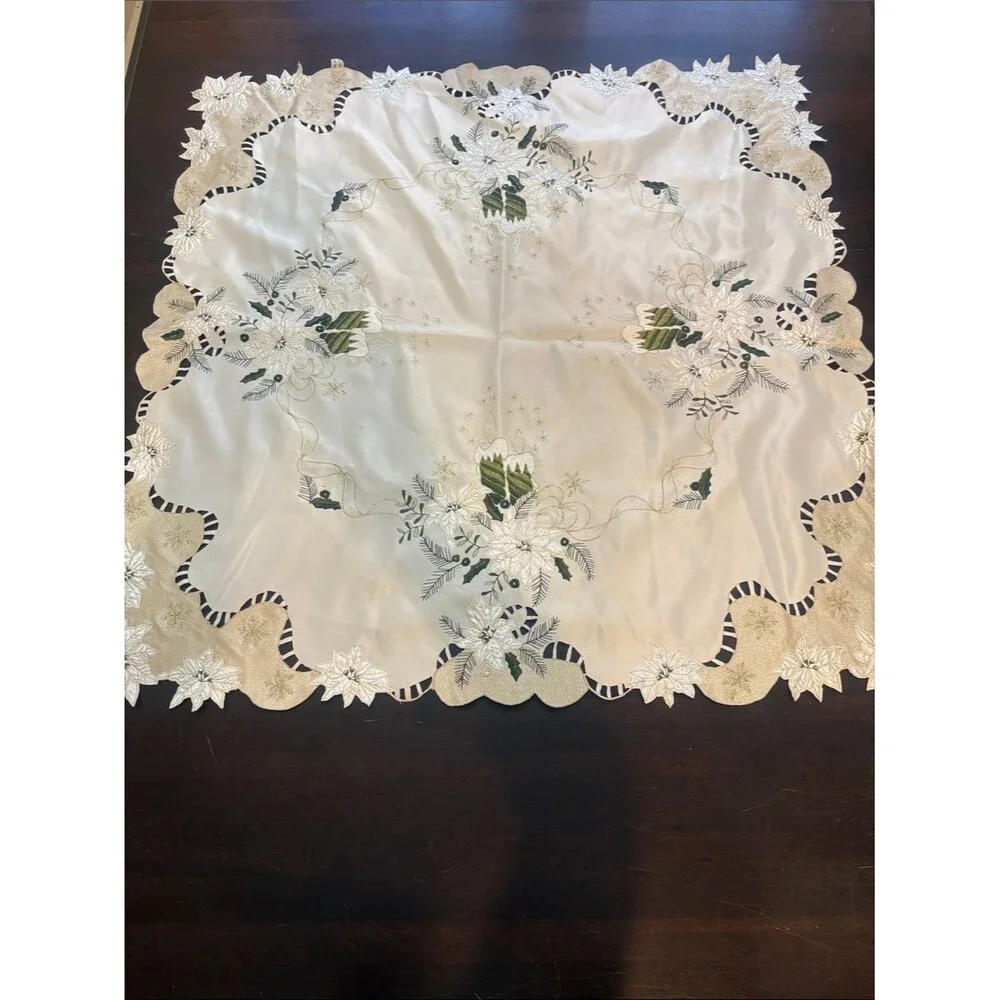 Embroidered Ivory and Green Christmas Candle Tablecloth